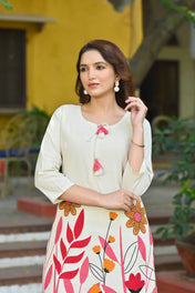 Cream Floral Printed Cotton Kurta Set for Women