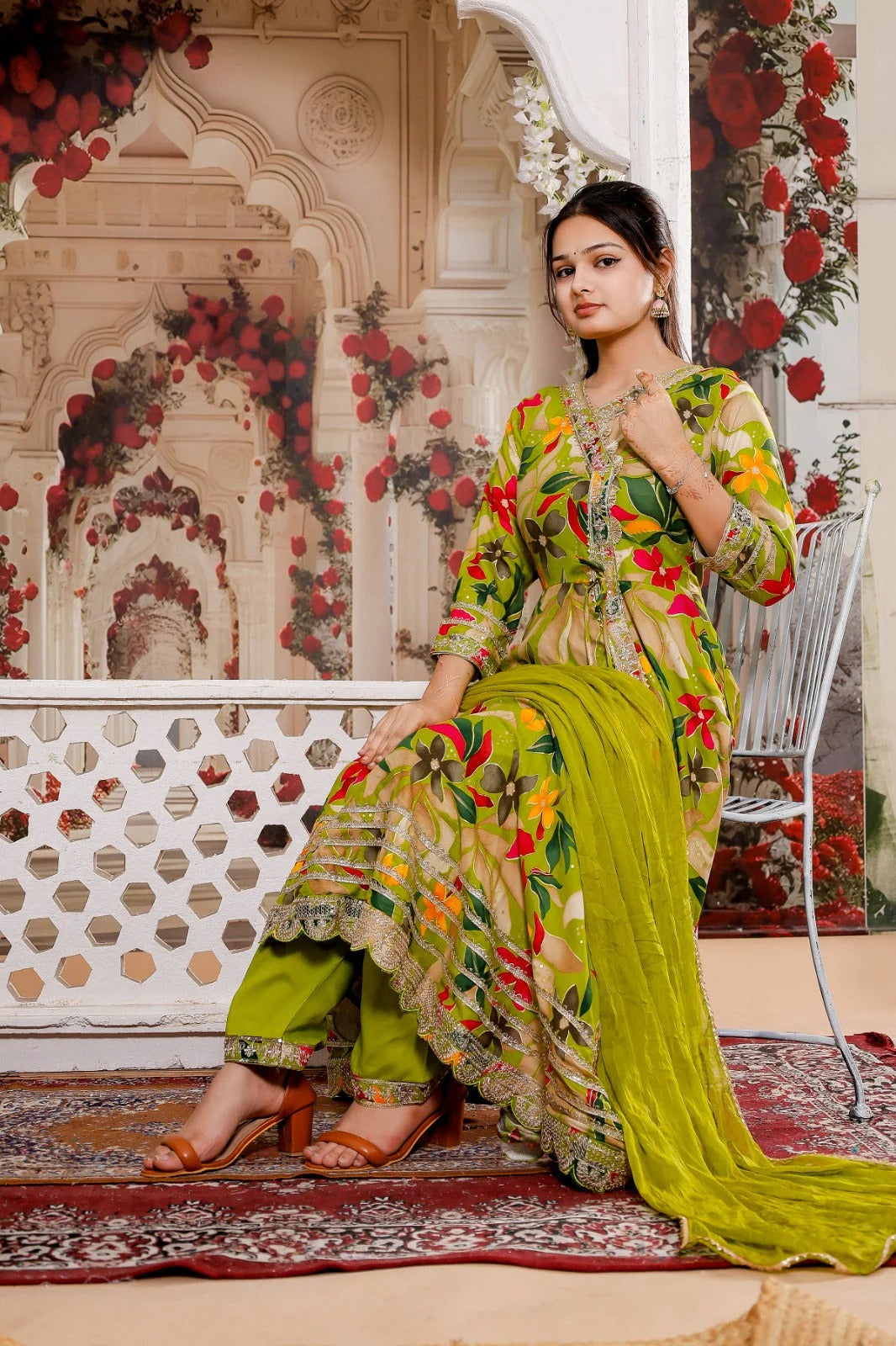 Green Multicolor Printed Anarkali Kurta Set with Dupatta