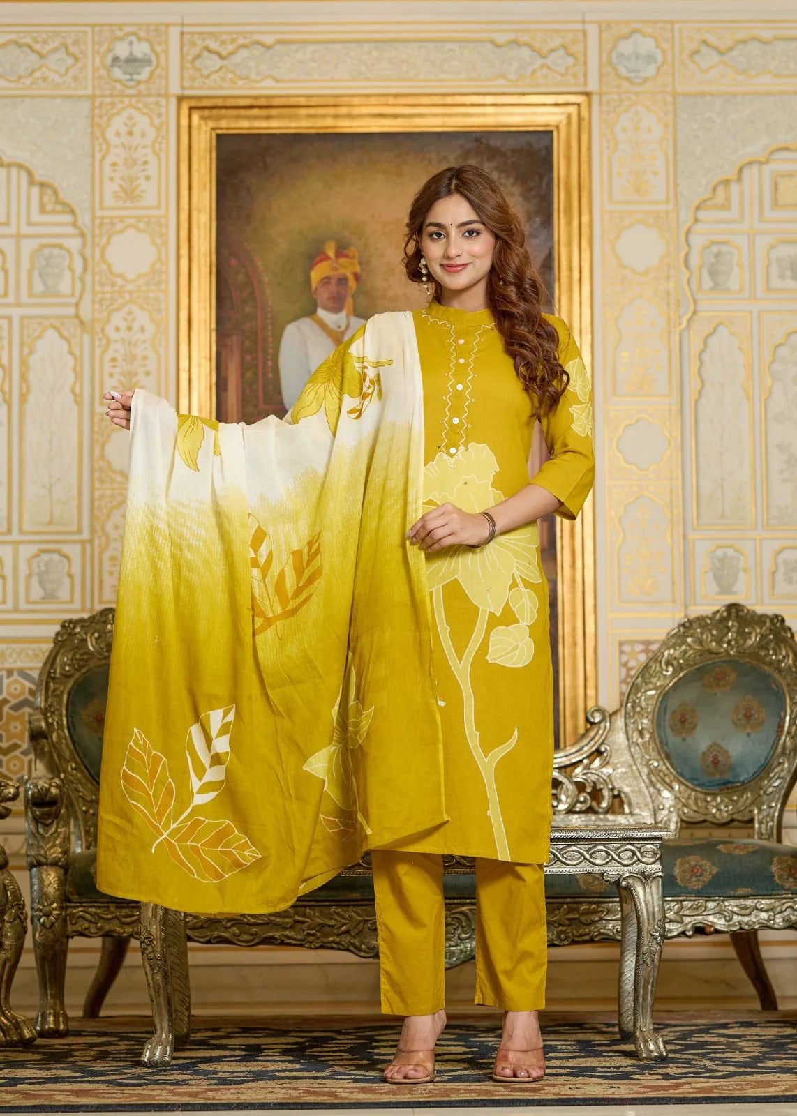 Royal Mustard Floral Printed Kurta Set with Pant & Ombre Dupatta