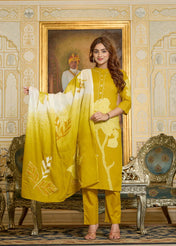 Royal Mustard Floral Printed Kurta Set with Pant & Ombre Dupatta