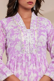 Lavender & White Floral Printed Anarkali Kurta Set with Dupatta