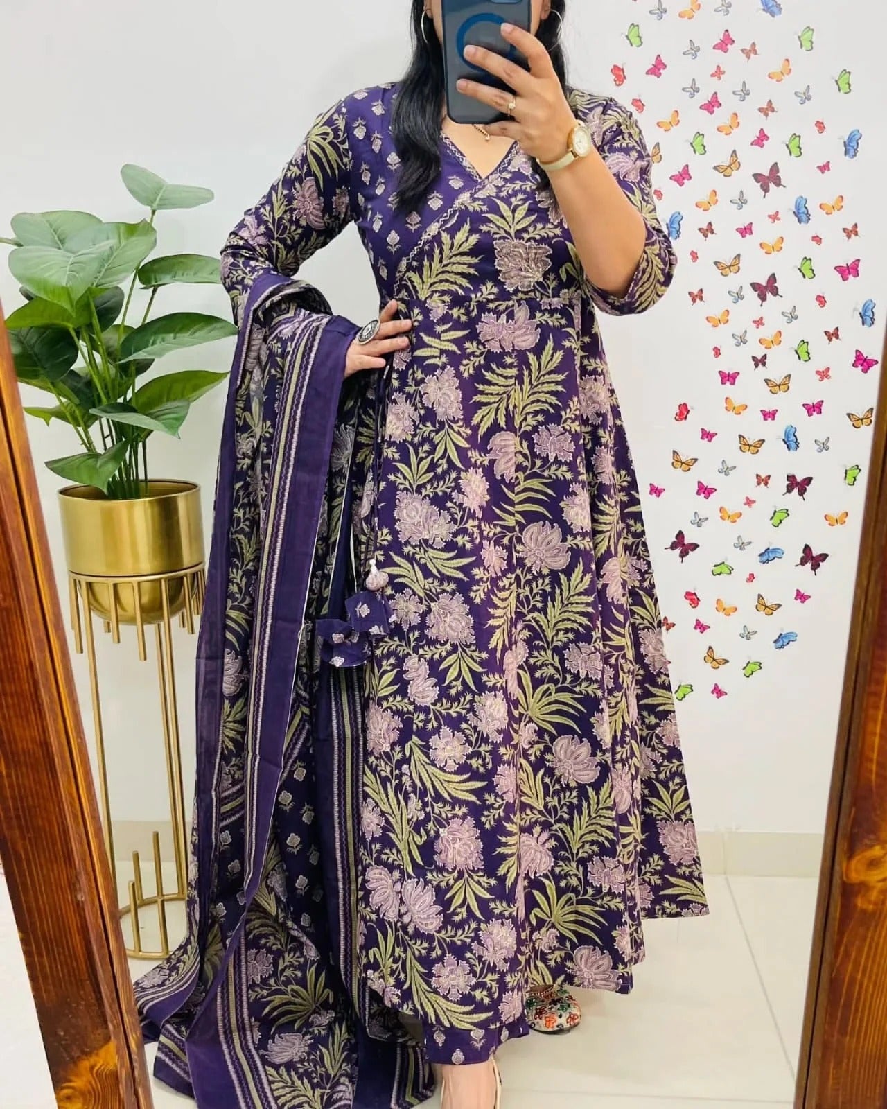 Purple Floral Printed Cotton Anarkali Kurta Set with Pant & Dupatta