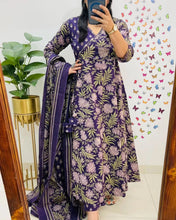 Purple Floral Printed Cotton Anarkali Kurta Set with Pant & Dupatta