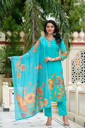 Turquoise Floral Printed Straight Kurta Set with Pant & Chiffon Dupatta