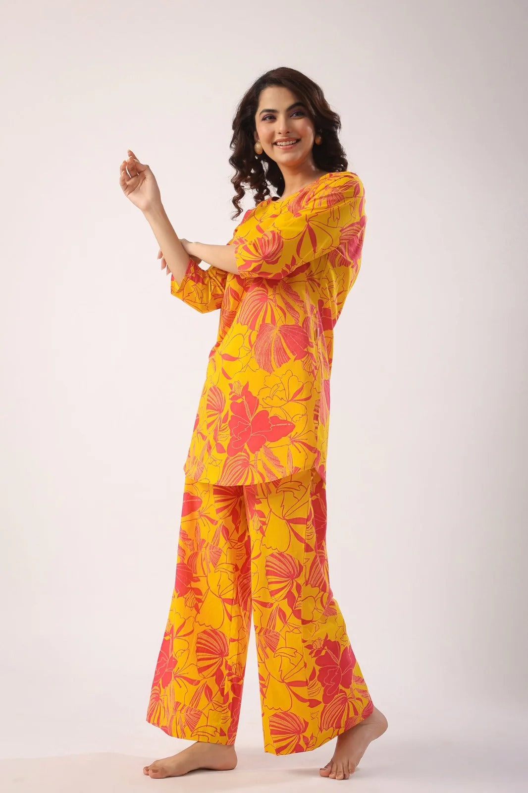 Yellow & Pink Floral Printed Cotton Kurta Set for Women
