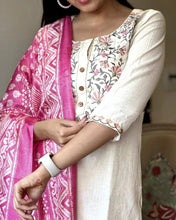 Elegant White Embroidered Kurta Set with Pink Ikat Dupatta