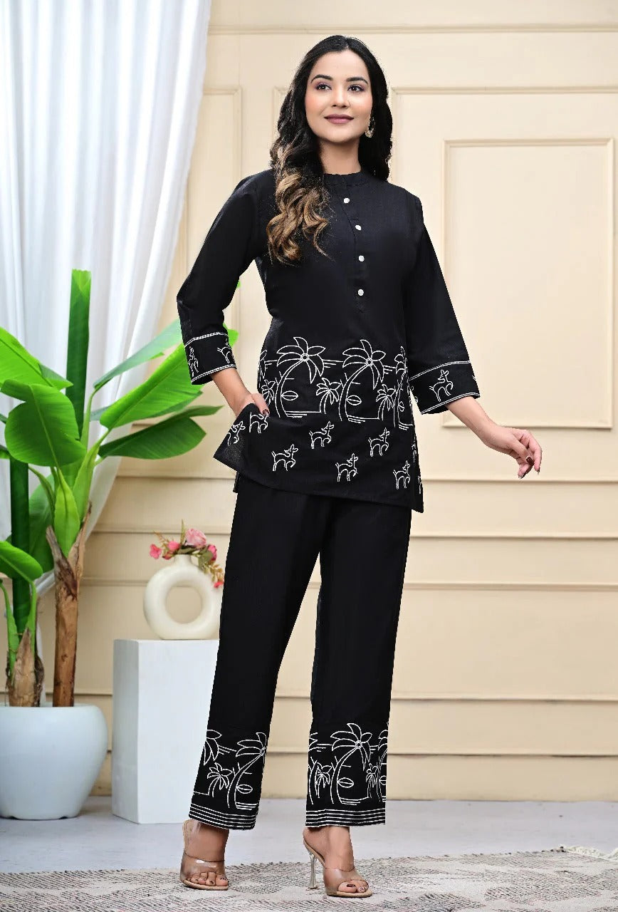 Black Embroidered Cotton Co-ord Set for Women