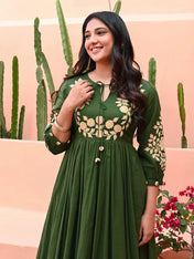 Zehra Olive Bloom Cotton Anarkali Gown