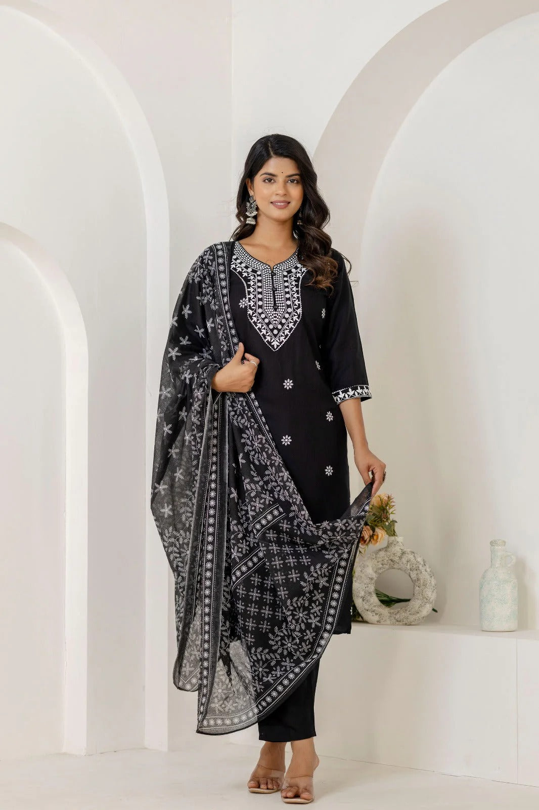 Black & White Embroidered Cotton Straight Kurta Set with Chiffon Dupatta