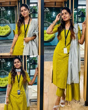 Mustard Yellow Solid Cotton Kurta Set with Grey Dupatta