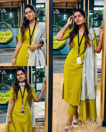 Mustard Yellow Solid Cotton Kurta Set with Grey Dupatta