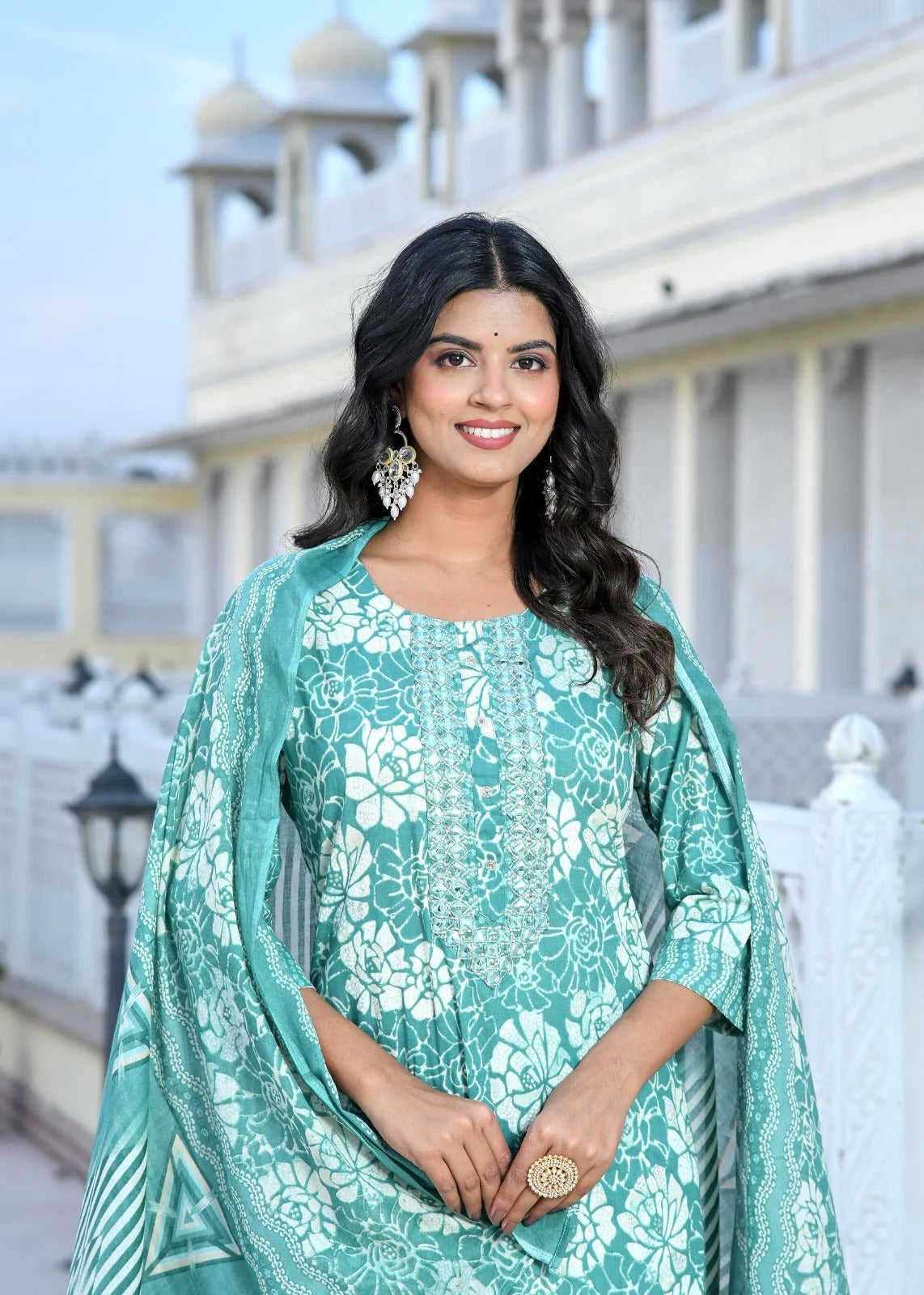 Aqua Blue Floral Printed Cotton Kurta Set with Pant & Dupatta