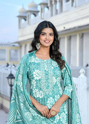 Aqua Blue Floral Printed Cotton Kurta Set with Pant & Dupatta