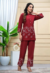 Wine Red Cotton Embroidered Kurta Set for Women