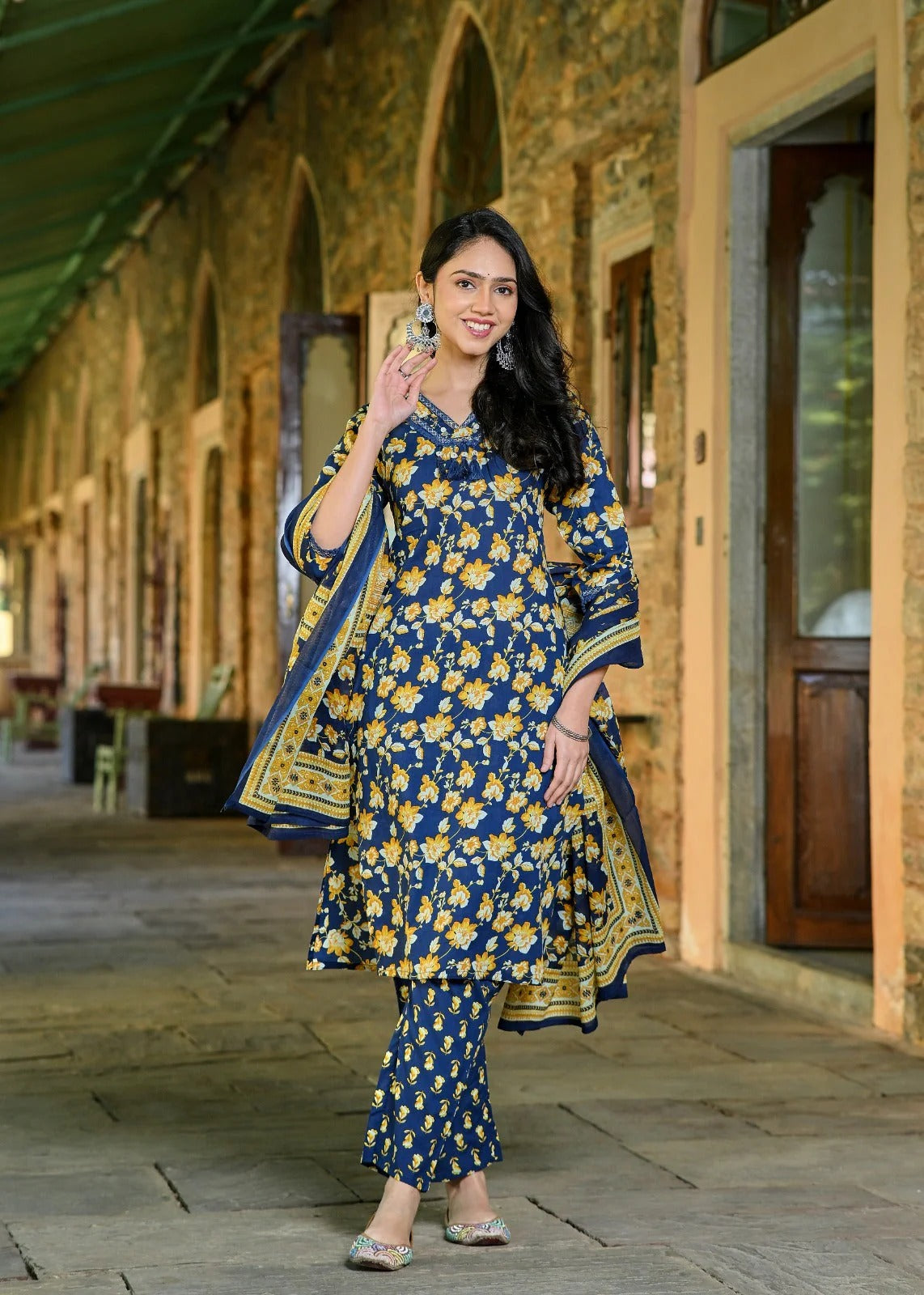 Navy Blue Floral Printed Cotton Kurta Set with Dupatta