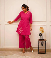 Hot Pink Solid Cotton Kurta Set for Women