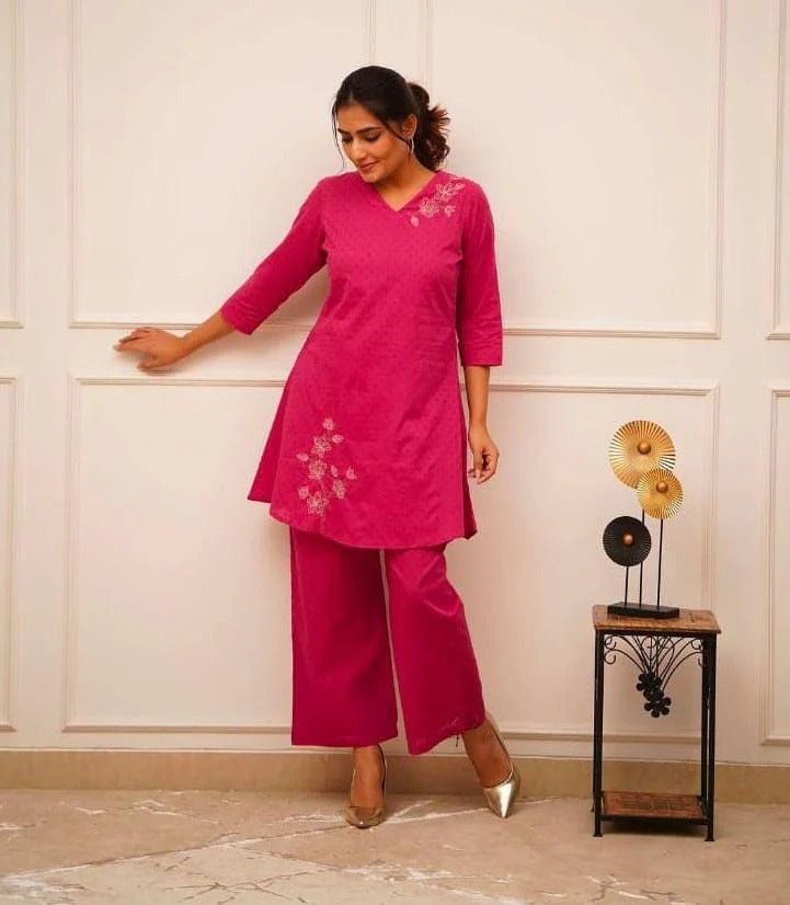 Hot Pink Solid Cotton Kurta Set for Women