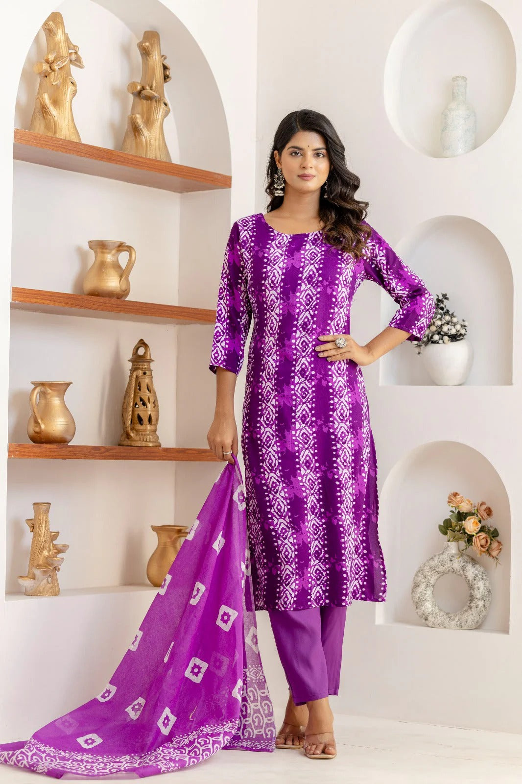 Purple Bandhani Printed Cotton Suit Set with Dupatta