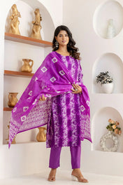 Purple Bandhani Printed Cotton Suit Set with Dupatta