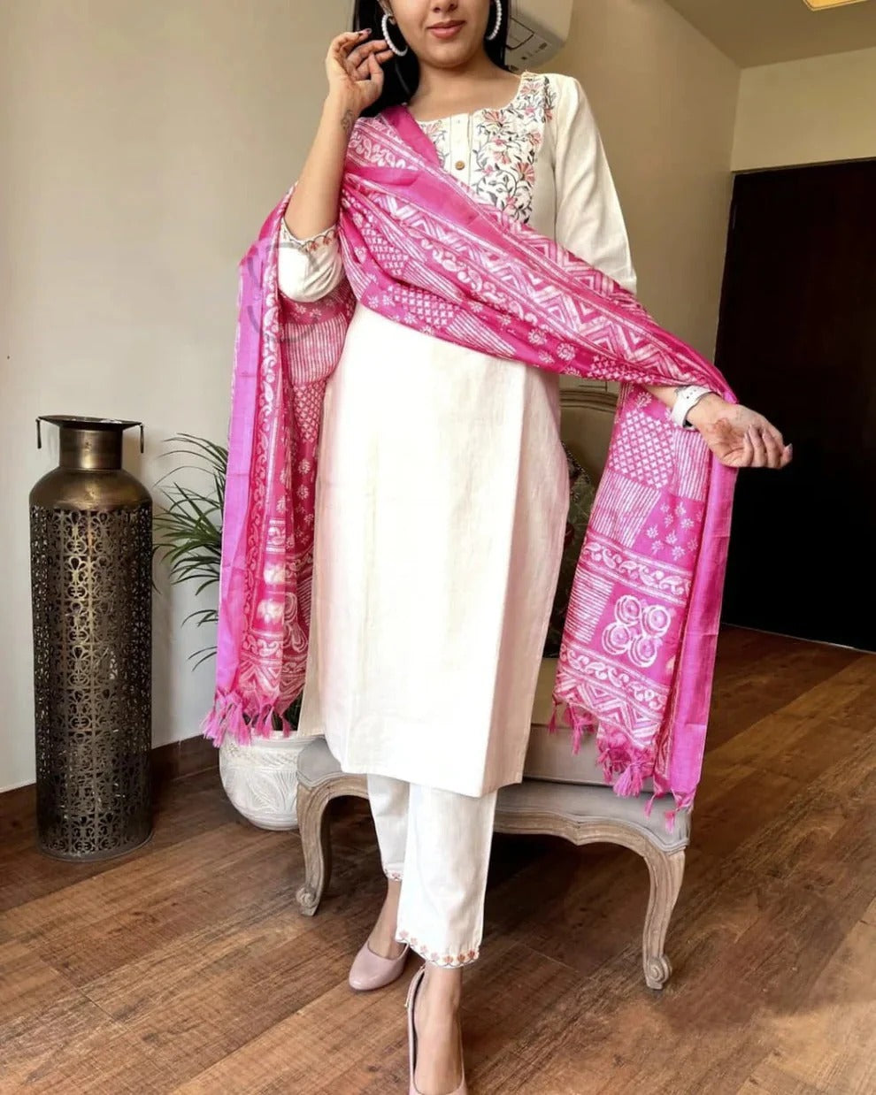 Elegant White Embroidered Kurta Set with Pink Ikat Dupatta
