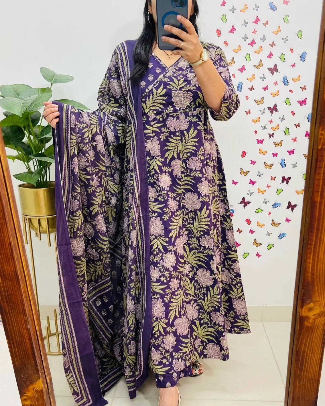 Purple Floral Printed Cotton Anarkali Kurta Set with Pant & Dupatta