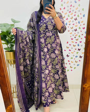 Purple Floral Printed Cotton Anarkali Kurta Set with Pant & Dupatta