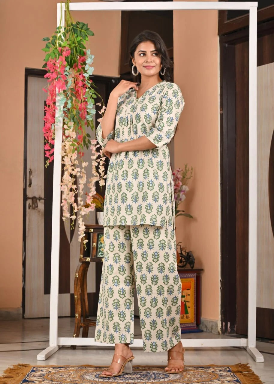 Cream Green Handblock Printed Cotton Kurta Set for Women