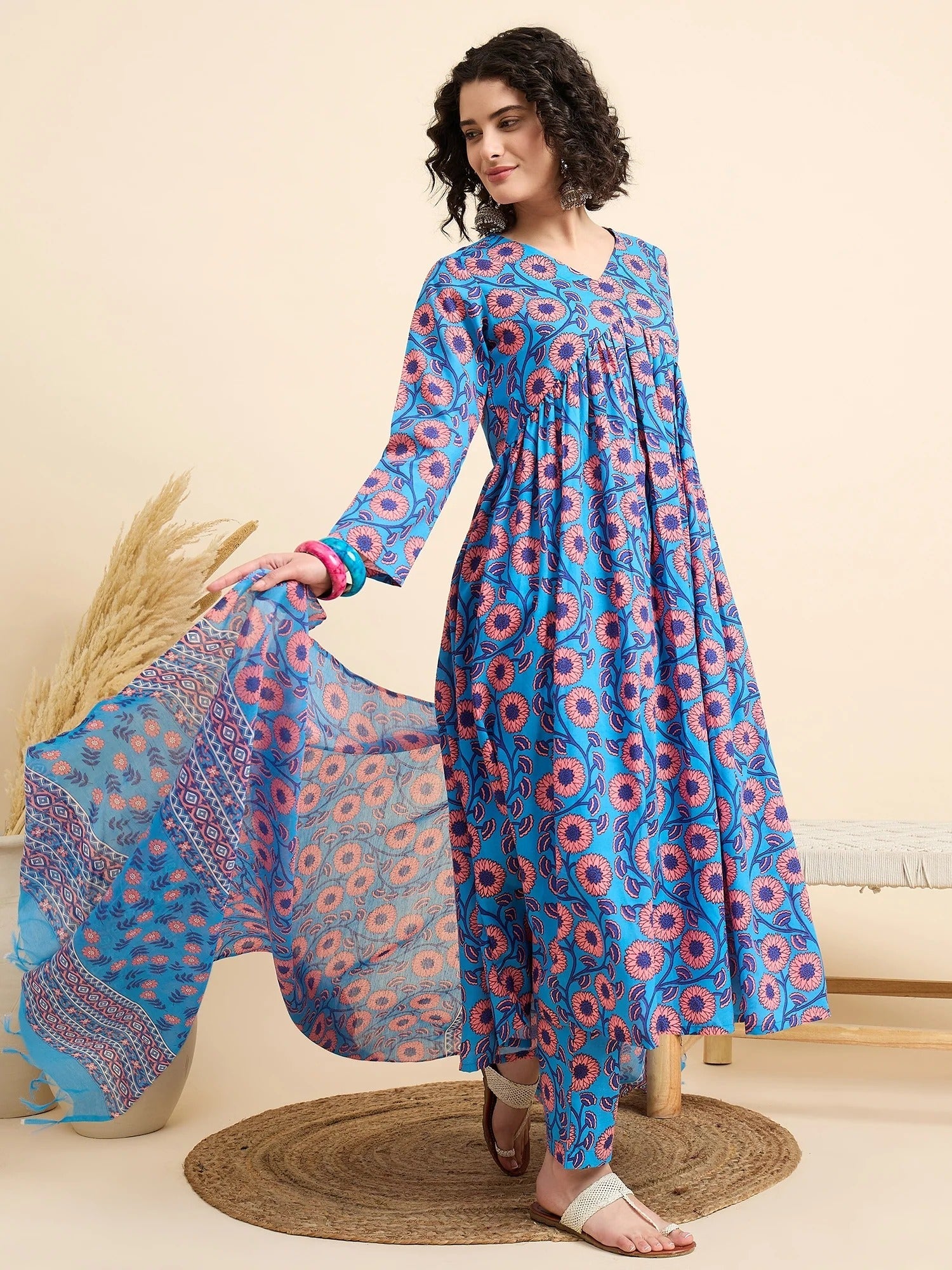 Blue & Pink Floral Printed Cotton Kurta Set with Dupatta