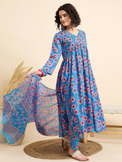 Blue & Pink Floral Printed Cotton Kurta Set with Dupatta