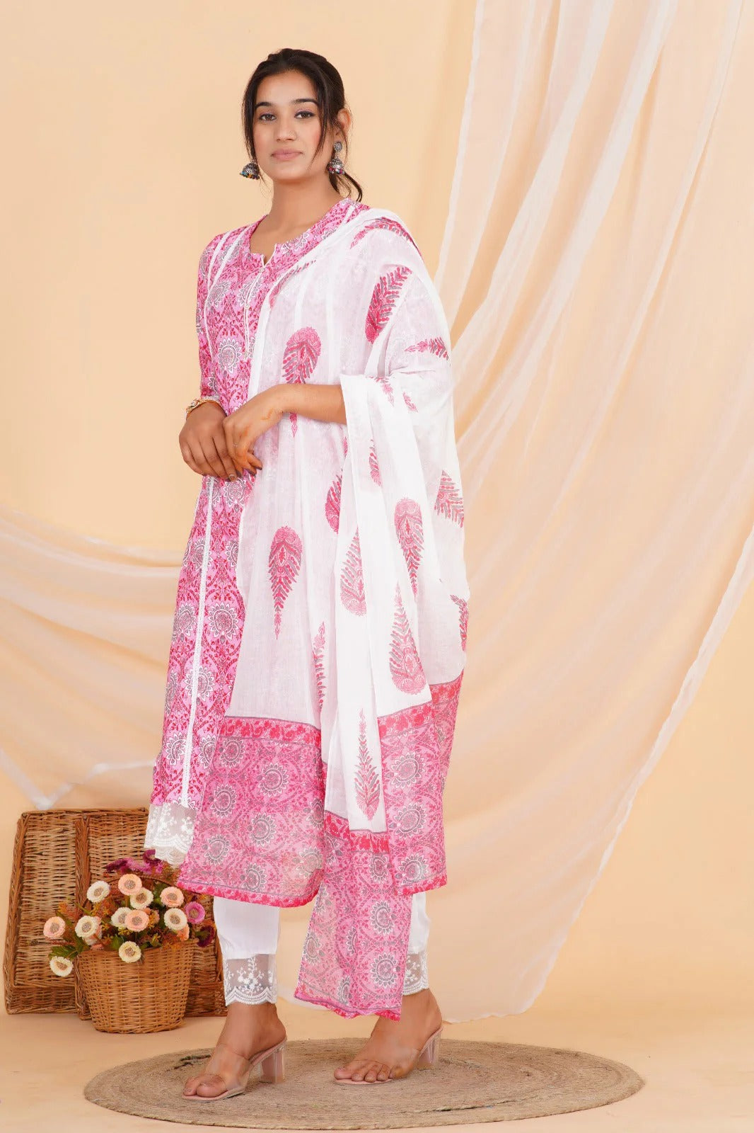 Pink Printed Straight Kurta with Lace Detailing & White Cotton Pant