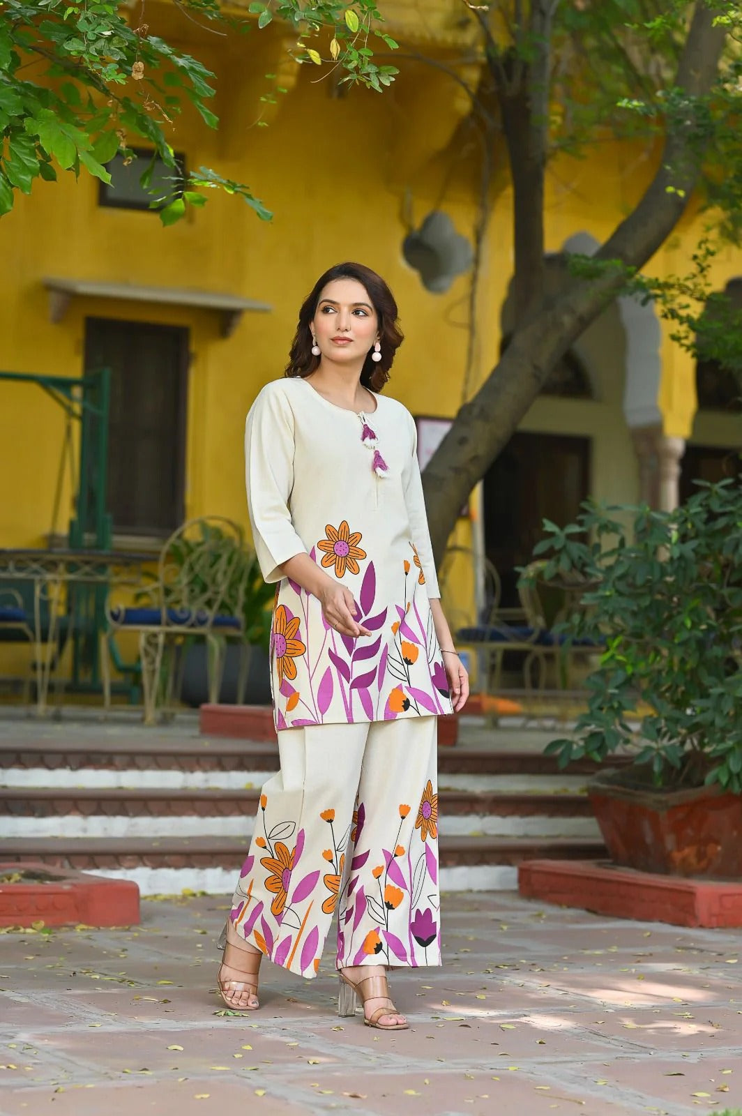 Cream Floral Printed Cotton Kurta Set for Women