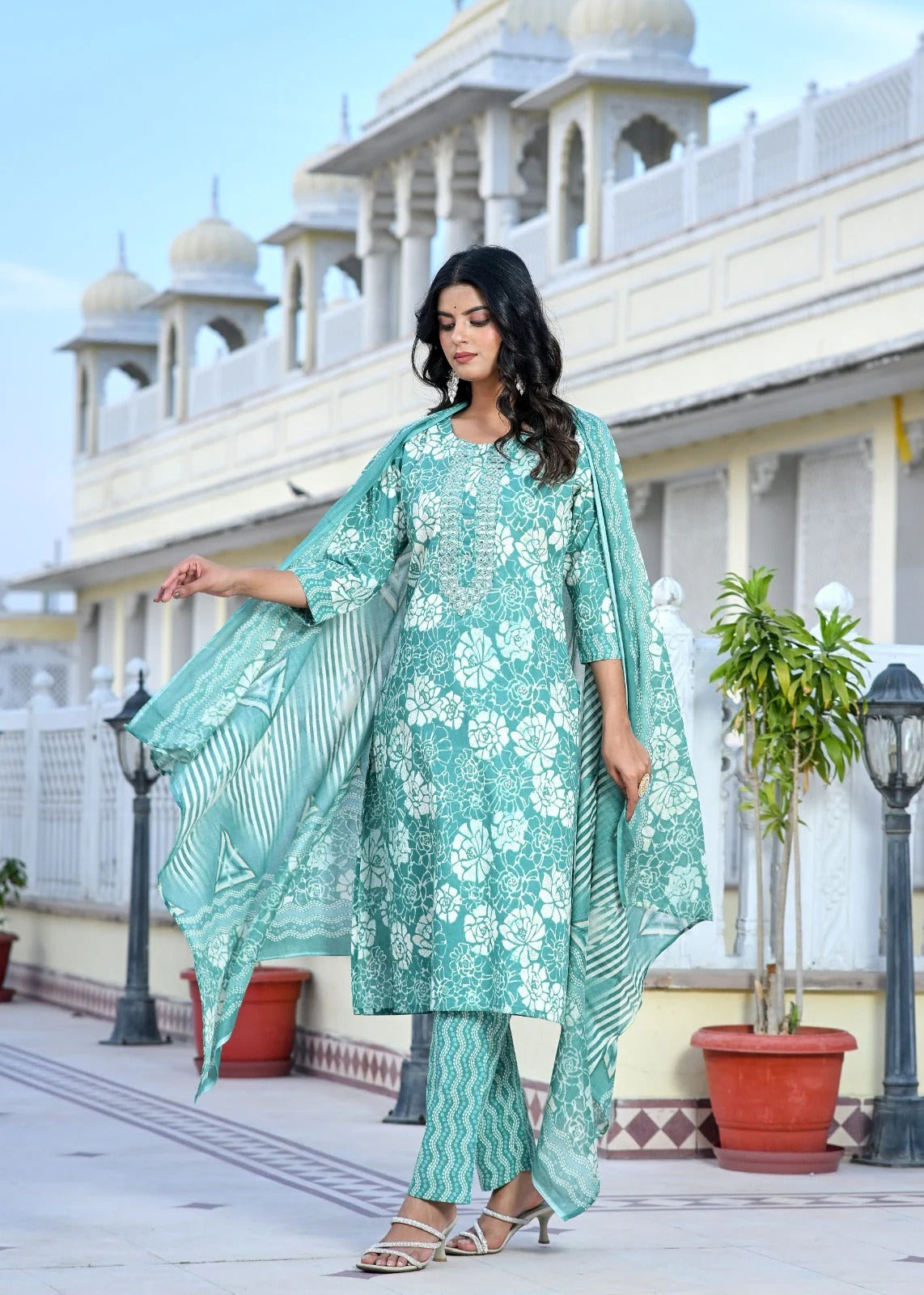 Aqua Blue Floral Printed Cotton Kurta Set with Pant & Dupatta