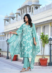 Aqua Blue Floral Printed Cotton Kurta Set with Pant & Dupatta