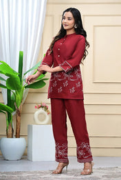 Wine Red Cotton Embroidered Kurta Set for Women