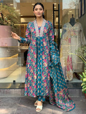 Teal Blossom Viscose Suit Set