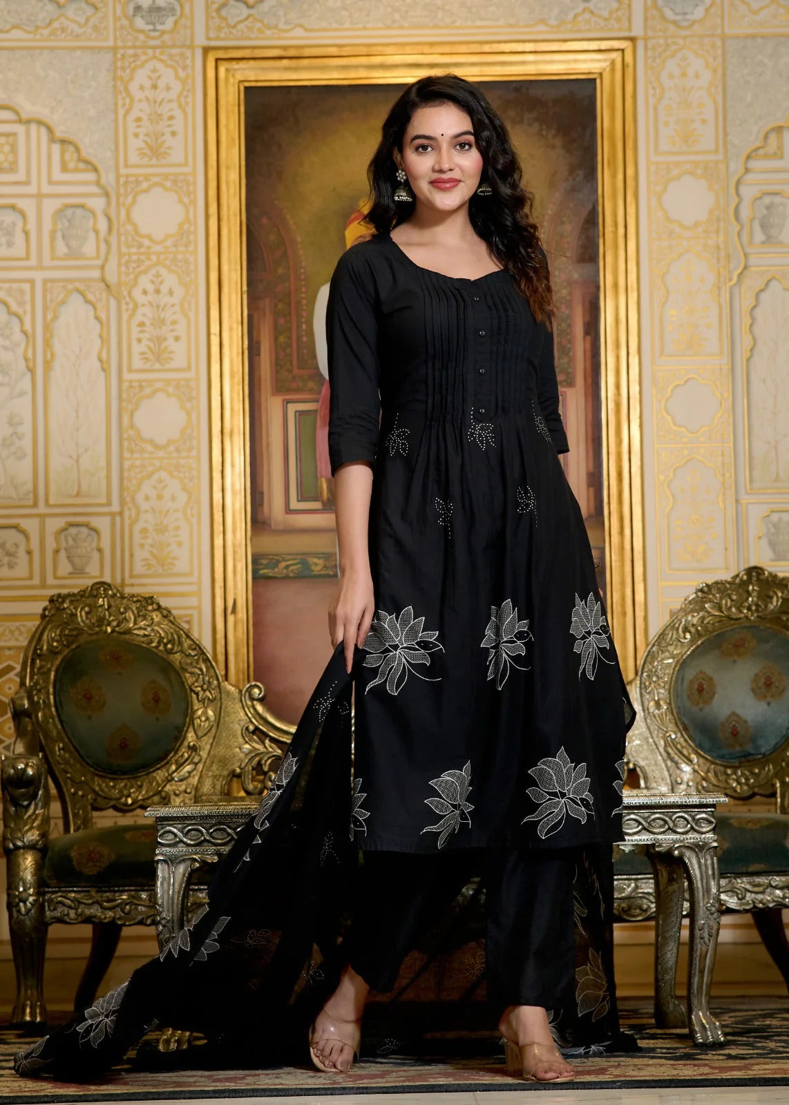 Black Embroidered Kurta Set with Dupatta for Women