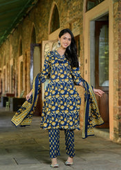 Navy Blue Floral Printed Cotton Kurta Set with Dupatta