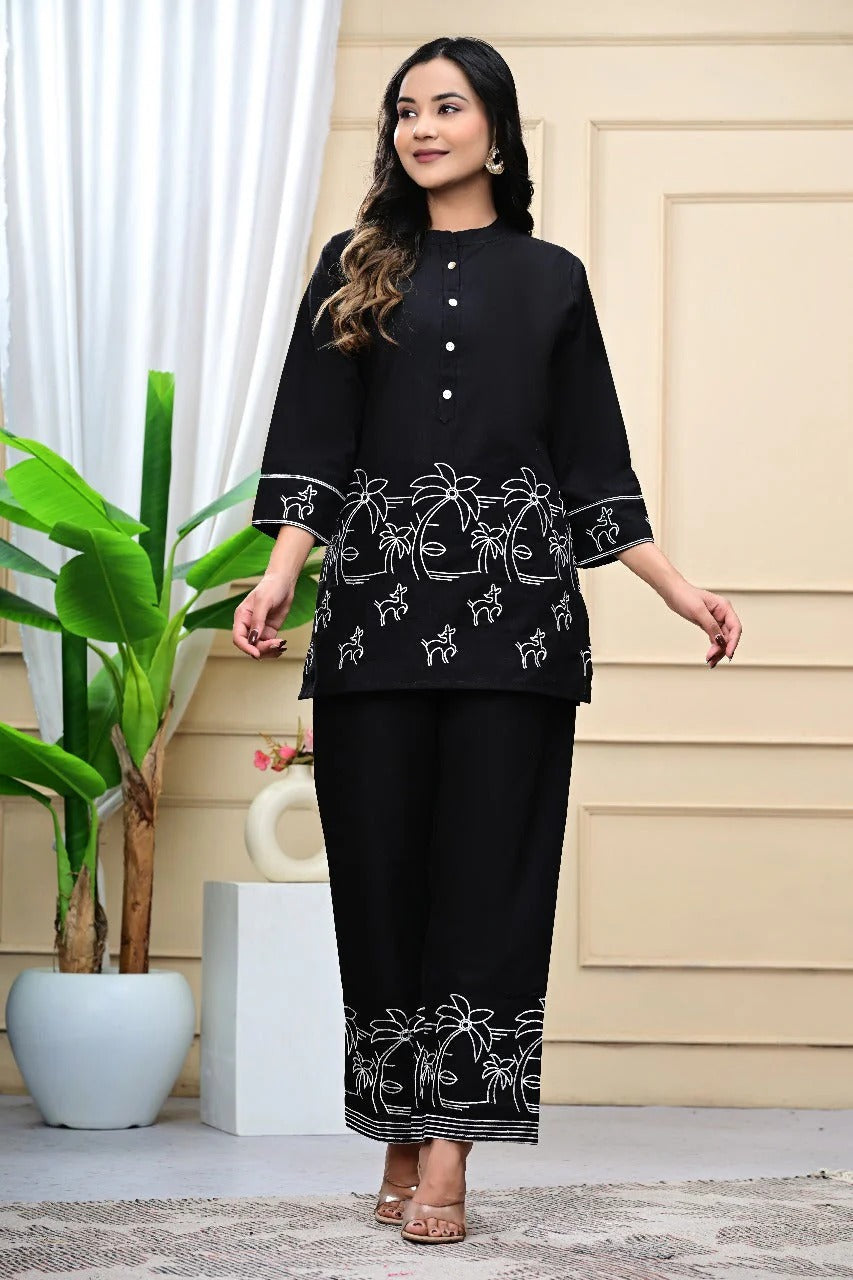 Black Embroidered Cotton Co-ord Set for Women