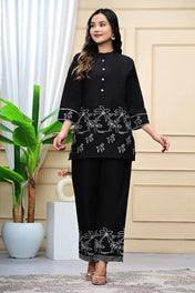Black Embroidered Cotton Co-ord Set for Women