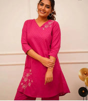 Hot Pink Solid Cotton Kurta Set for Women