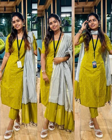 Mustard Yellow Solid Cotton Kurta Set with Grey Dupatta