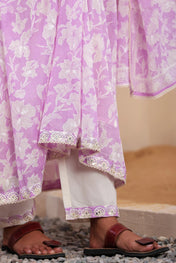 Lavender & White Floral Printed Anarkali Kurta Set with Dupatta