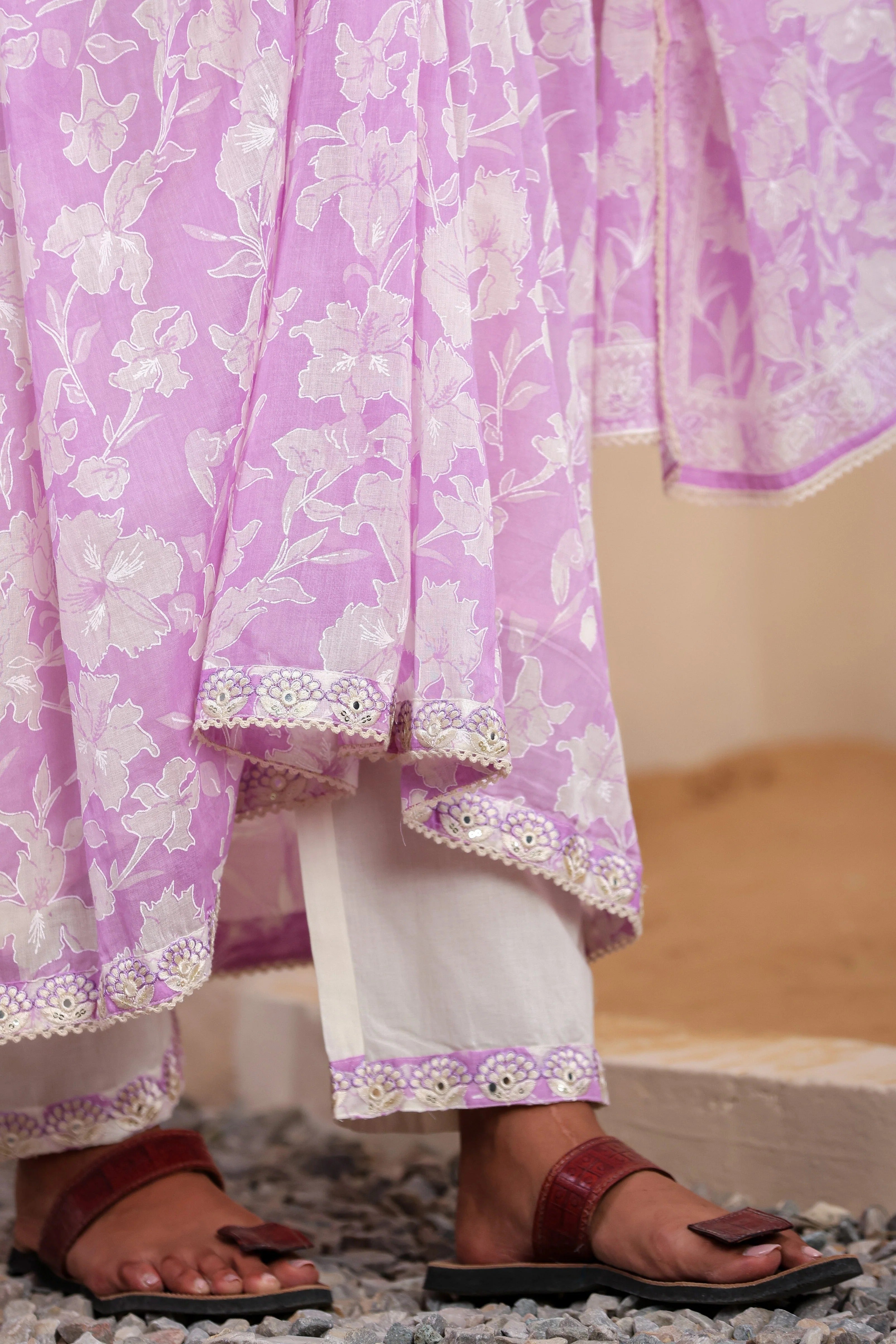 Lavender & White Floral Printed Anarkali Kurta Set with Dupatta