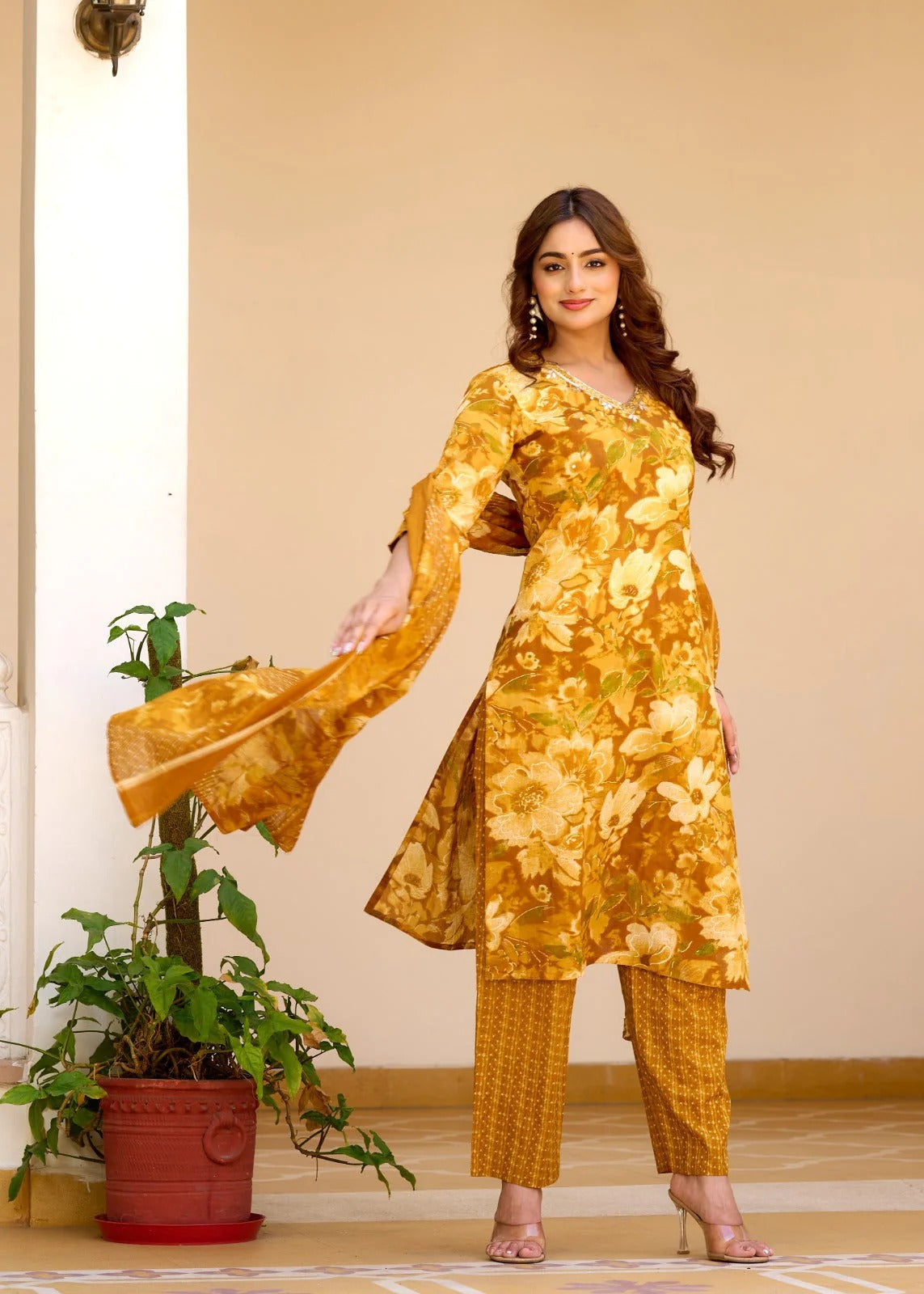 Mustard Yellow Floral Print Cotton Suit Set With Matching Pants & Dupatta