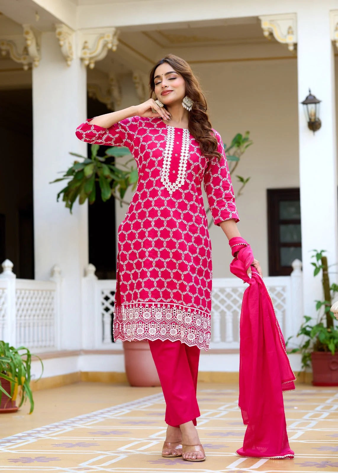 Rani Pink Printed Cotton Straight Kurta Set with Pant & Chiffon Dupatta