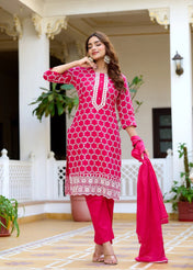 Rani Pink Printed Cotton Straight Kurta Set with Pant & Chiffon Dupatta