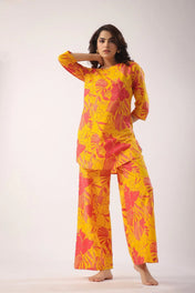 Yellow & Pink Floral Printed Cotton Kurta Set for Women