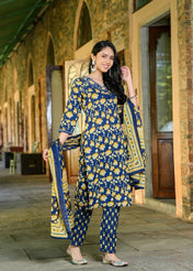 Navy Blue Floral Printed Cotton Kurta Set with Dupatta