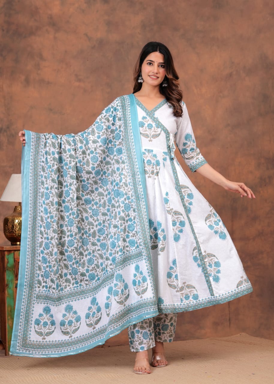 White & Blue Floral Printed Cotton Anarkali Kurta Set with Dupatta