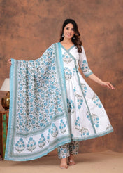White & Blue Floral Printed Cotton Anarkali Kurta Set with Dupatta